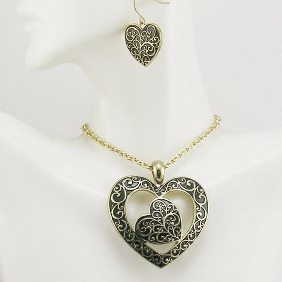 Joan Rivers Necklace Earring Set Etched Hearts Gold & Black NIB 18" Perfect - Picture 7 of 7